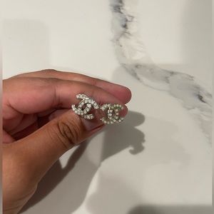 AUTHENTIC CHANEL earrings, white studded on silver.